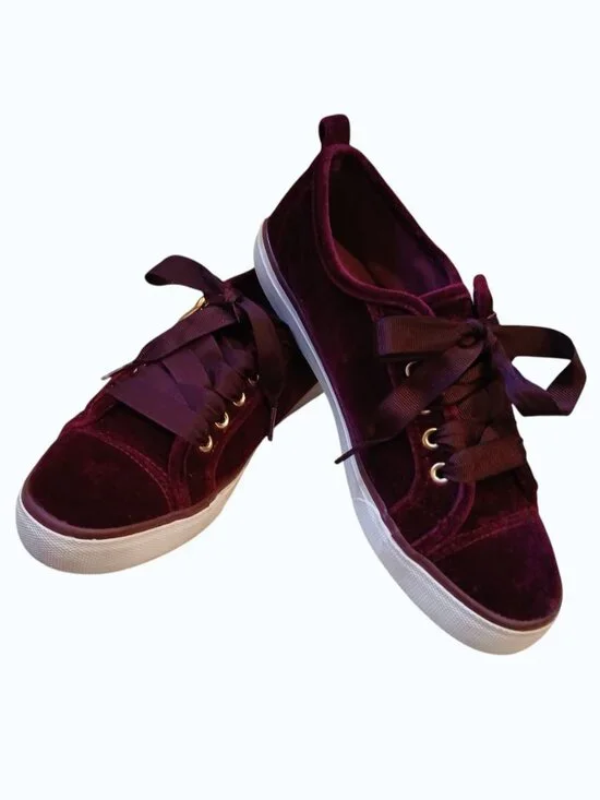 NOT RATED Red/Burgundy Velvet Gold Zipper Satin Lace Sneakers - Picture 4 of 16